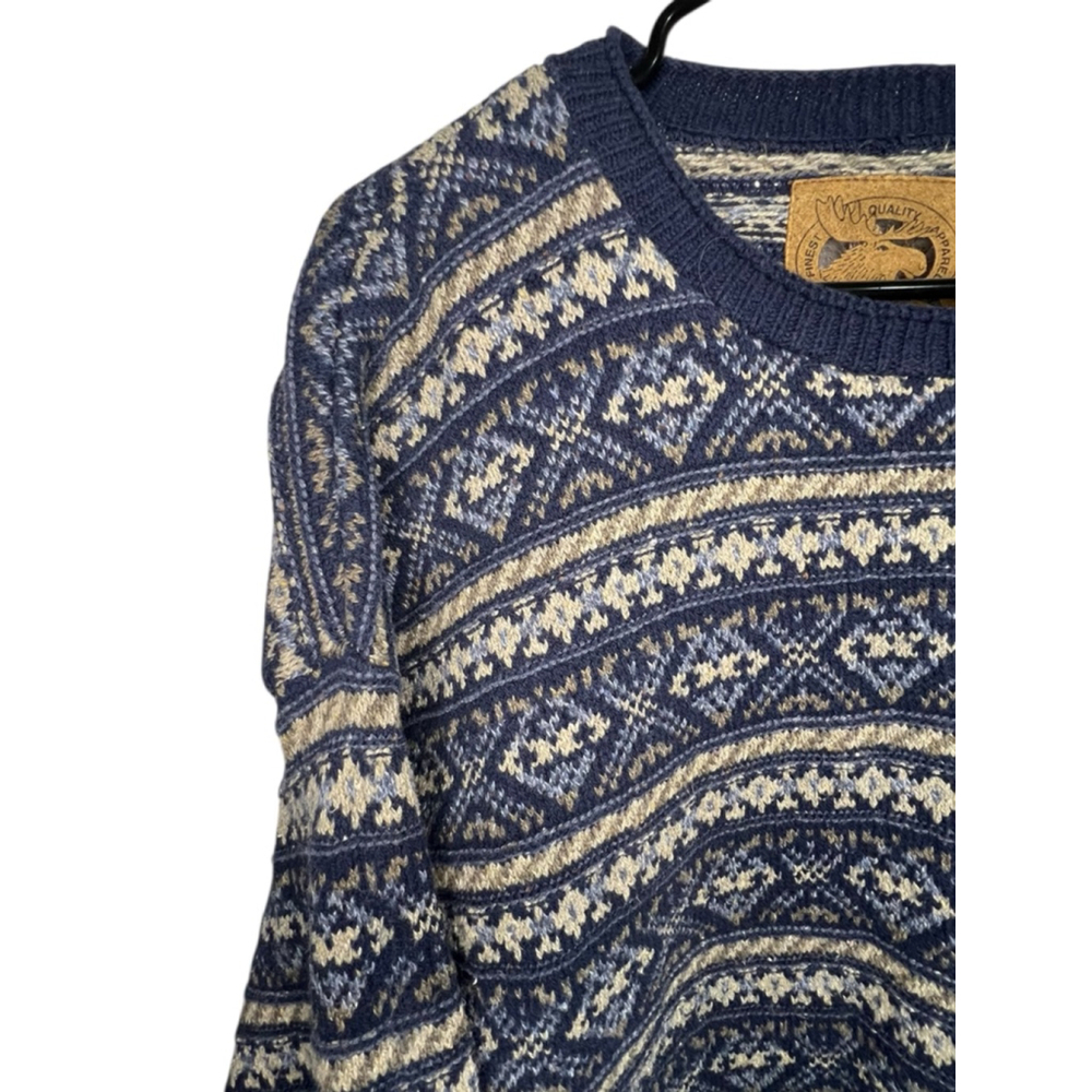 Alps Vintage Nordic Fair Isle Blue And Cream Striped Knit Pullover Sweater - Picture 2 of 5